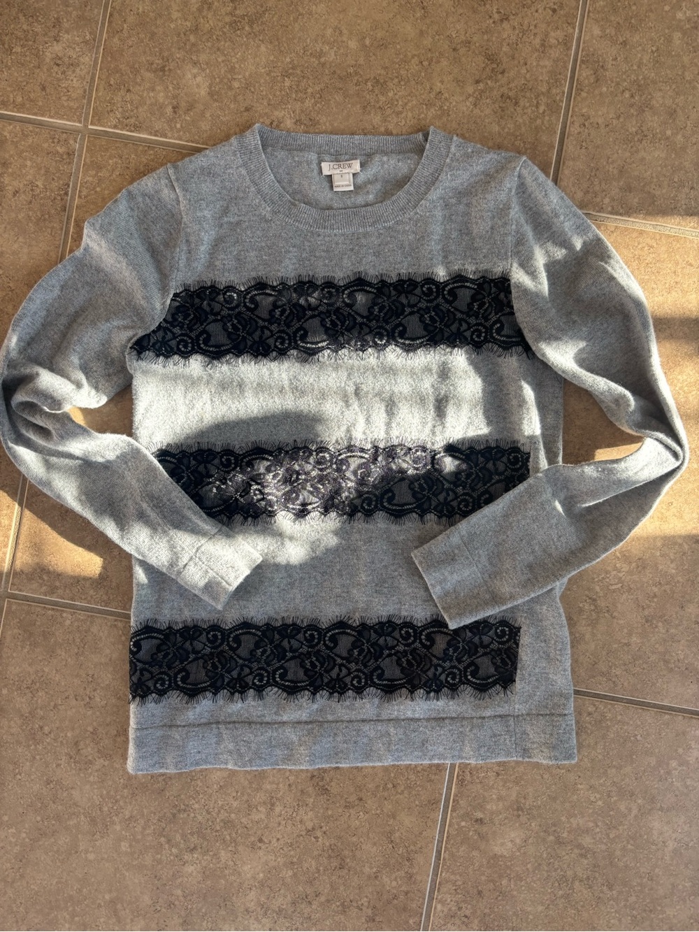 J. Crew Light Gray Crewneck Sweater with Black Lace Stripes